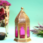 Iron Lantern with Pink Glass – Decorative Candle Holder